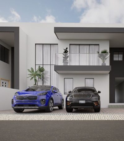Close view of the contemporary facade with private balcony, glazing, and forecourt parking