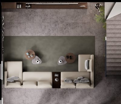 Primary bathroom with stone-effect walls, floating vanity, and frameless glass shower